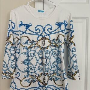 J. McLaughlin White Top with Blue and Gold Design
